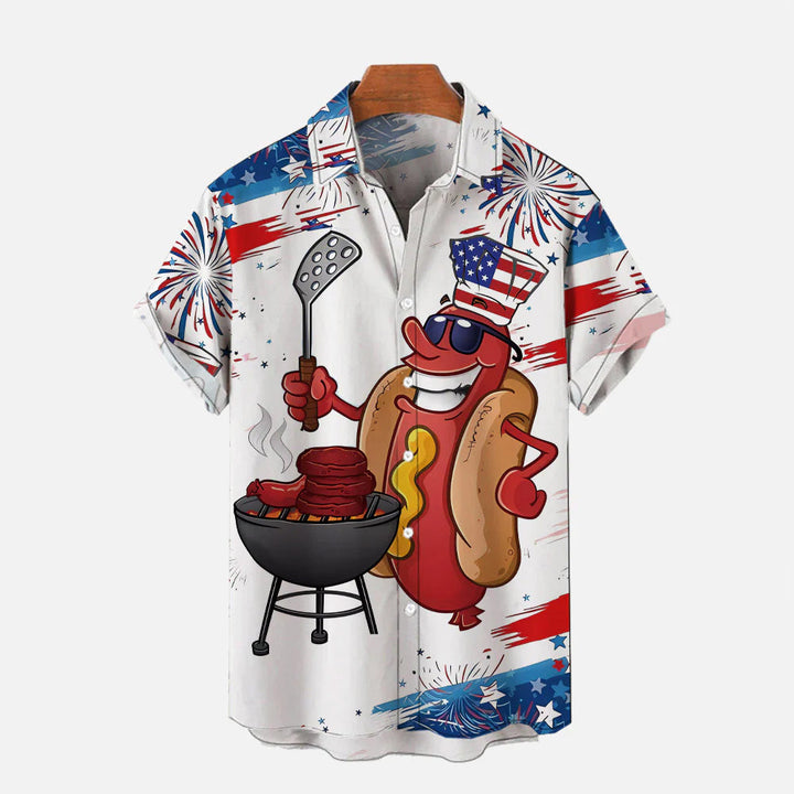 American Flag Cartoon Hot Dog Sausage BBQ Print Short Sleeve Shirt