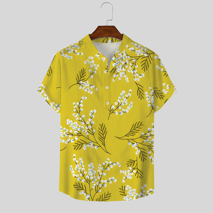 Casual Yellow Printed Stand-Up Collar Short-Sleeved Shirt 2408007146