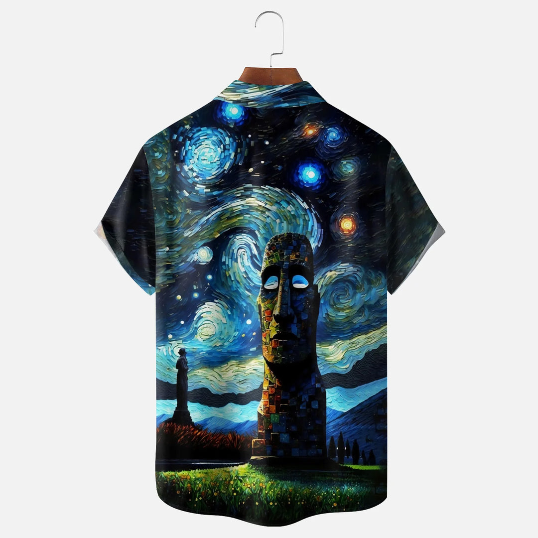 Easter Island Moai Painting Chest Pocket Casual Shirt