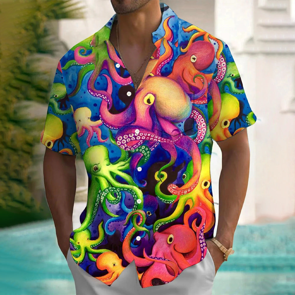 Colorful Octopus Print Casual Oversized Short-Sleeved Shirt 2407001283