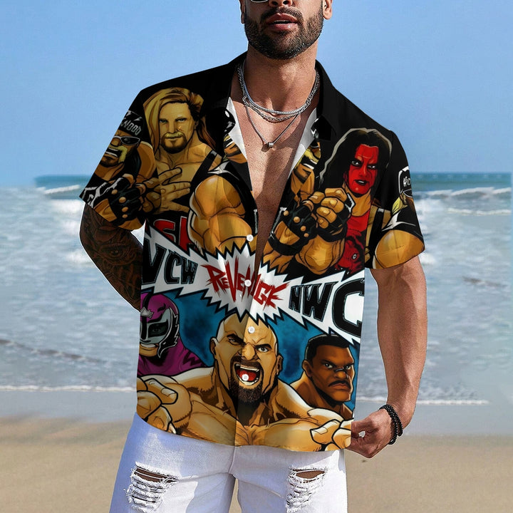 Cartoon Wrestler Print Casual Short Sleeve Shirt 2409004513