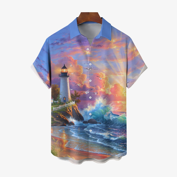 Seaside Landscape Print Casual Short Sleeve Shirt 2408002157