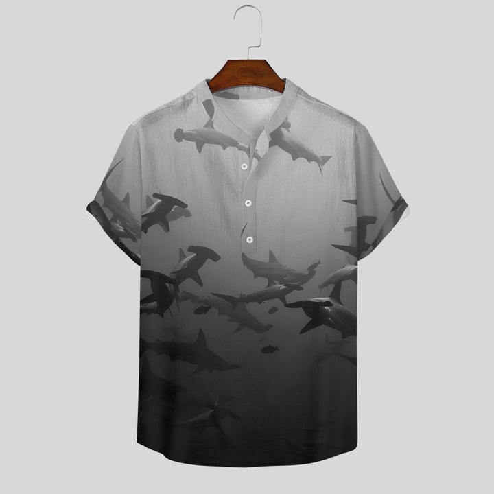 Sphyrna Gradient Print Comfortable And Breathable Short-Sleeved T-Shirt With Linen Stand Collar And Half Placket 2404001735