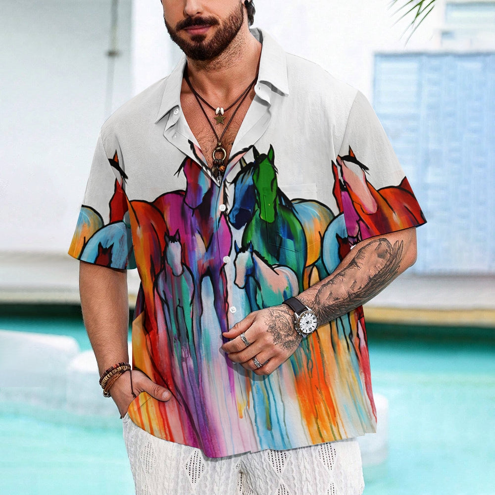 Colorful Horse Art Print Casual Oversized Short Sleeve Shirt 2407002251