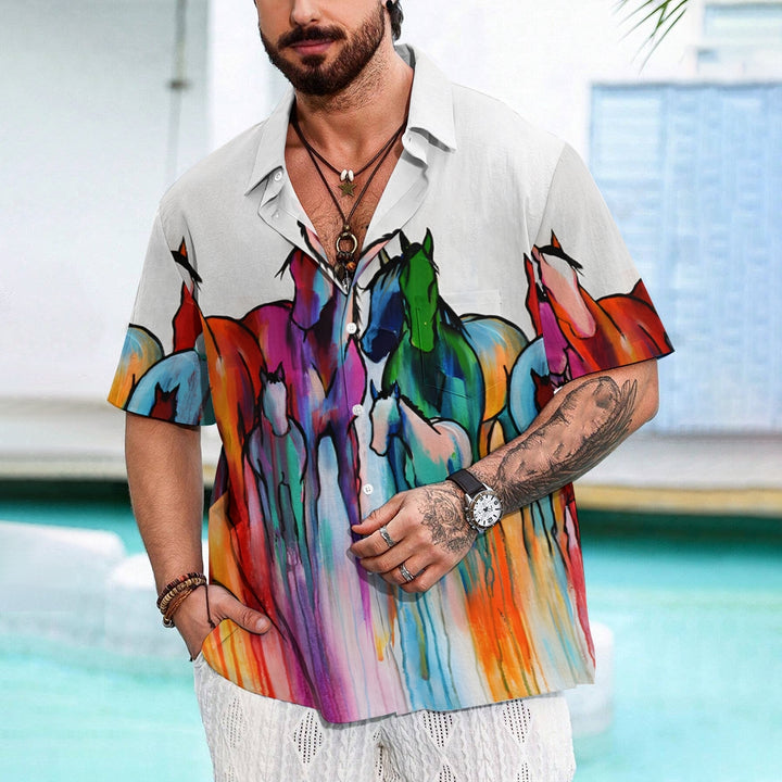 Colorful Horse Art Print Casual Oversized Short Sleeve Shirt 2407002251