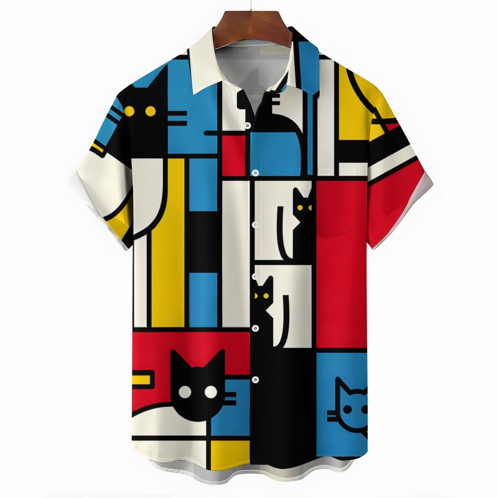 Geometric Cat Color Block Casual Short Sleeve Shirt 2409002486