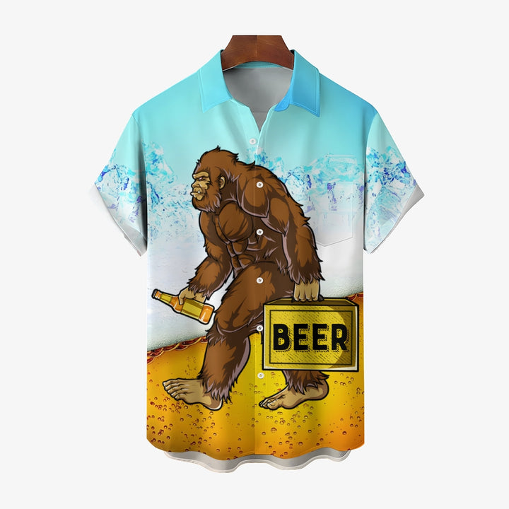 Beer Bigfoot Print Casual Oversized Short Sleeve Shirt 2406003451