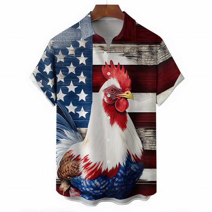 Rooster Flag Print Patriotic Casual Short Sleeve Shirt 2405002093