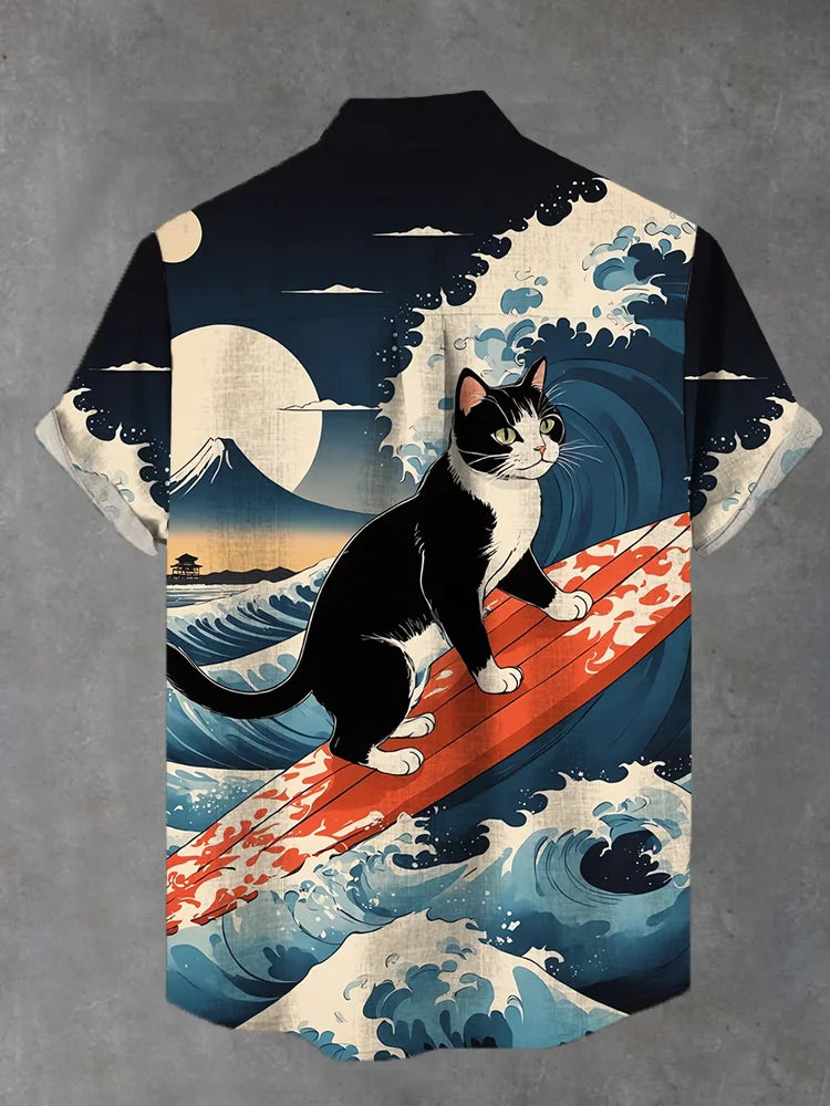 Fashionable Ukiyoe Black Cat Print Short Sleeve Shirt