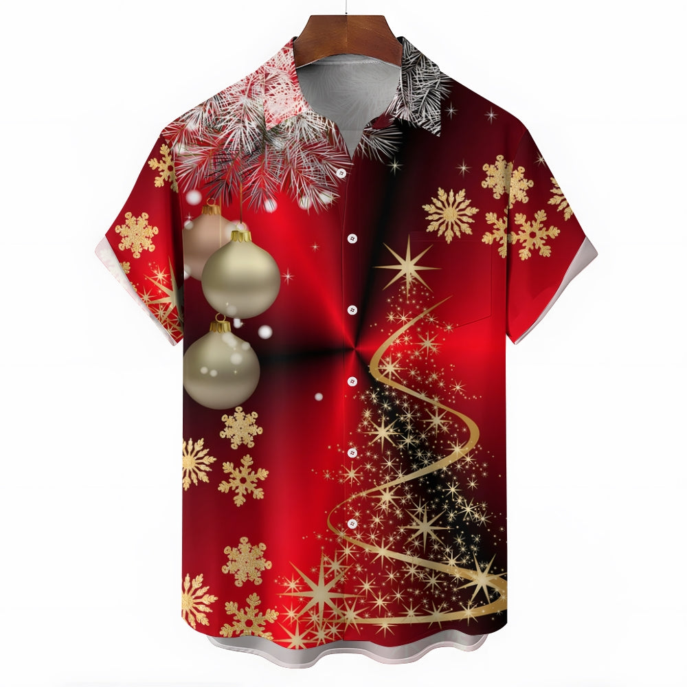 Christmas Tree Decorations Print Casual Short Sleeve Shirt 2412003168