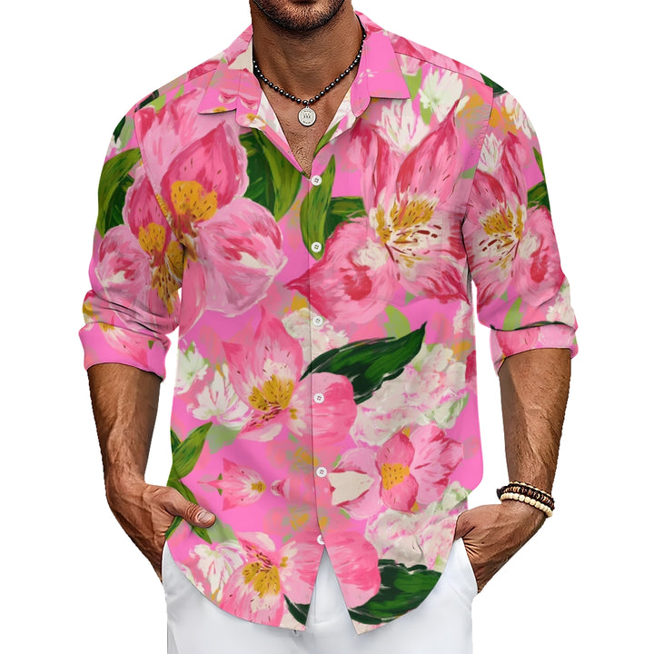 Pink Flowers Art Printed Long Sleeve Shirt 2410004960