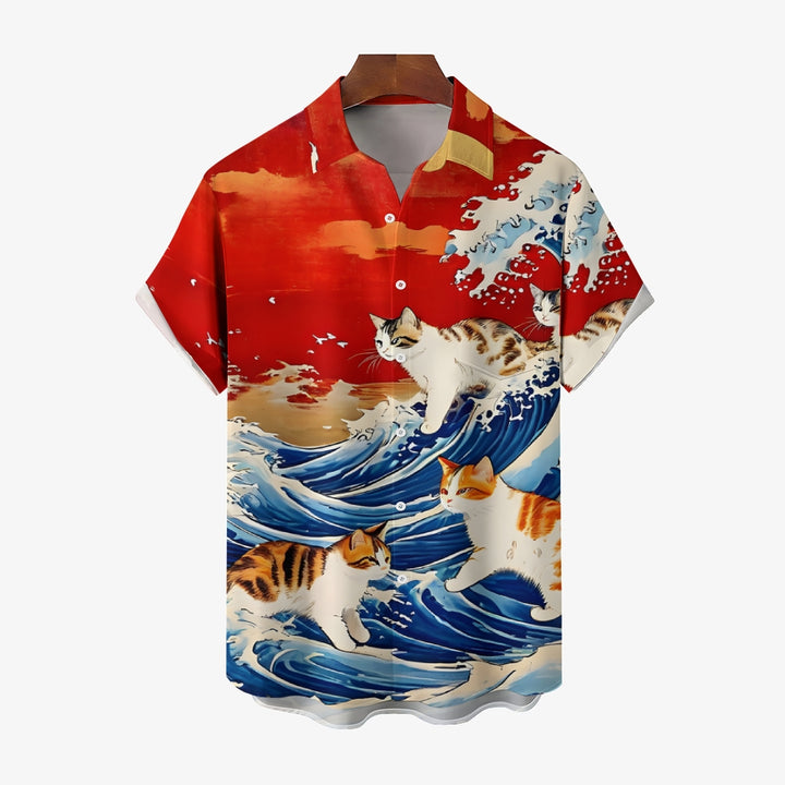 Ukiyo-E Style Cat Print Short Sleeve Shirt 2404001927