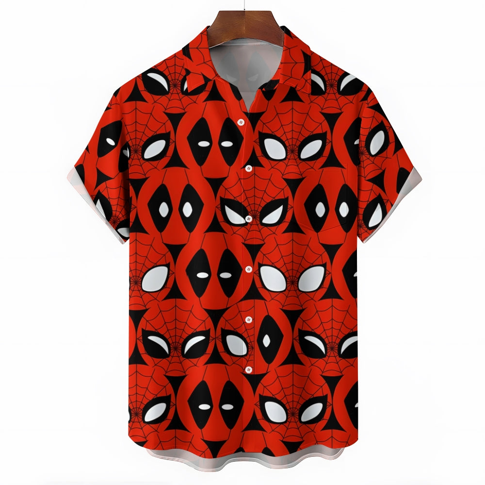 Funny Hero Portrait Print Chest Pocket Short Sleeve Shirt 2411006282