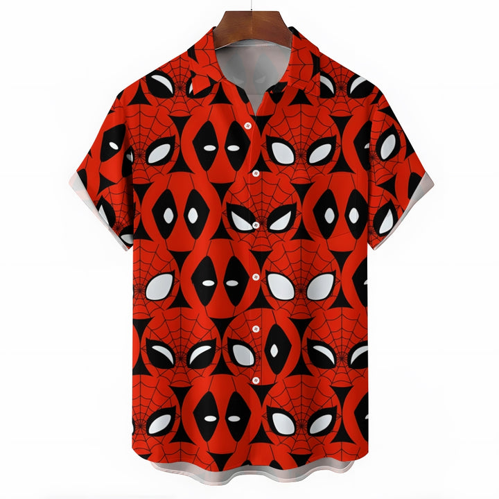 Funny Hero Portrait Print Chest Pocket Short Sleeve Shirt 2411006282