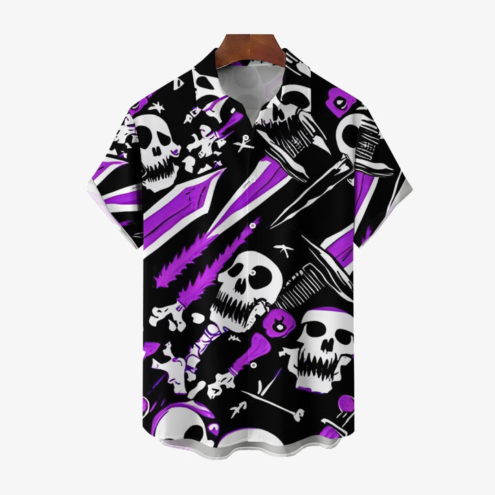 Skull and Sword Print Chest Pocket Short Sleeve Shirt 2411006380