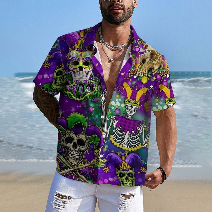 Mardi Gras Skull Art Print Casual Short Sleeve Shirt 2412005987