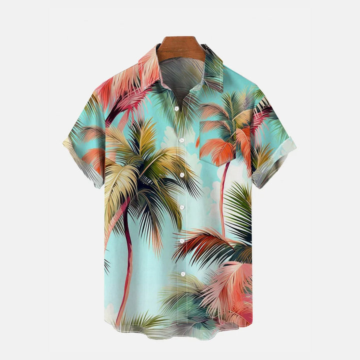 Hawaii Fresh And Colorful Coconut Trees Printing Breast Pocket Short Sleeve Shirt