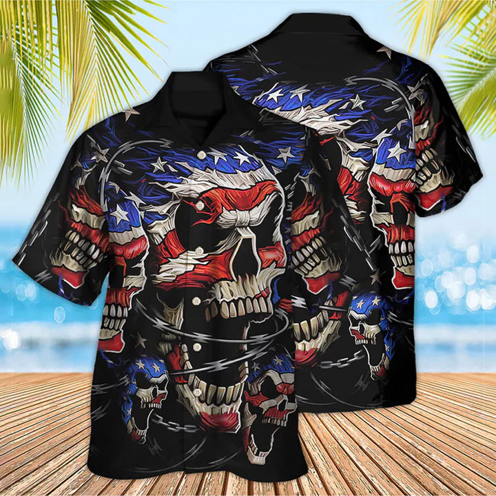 American Flag Skull And Chain Print Casual Short Sleeve Shirt