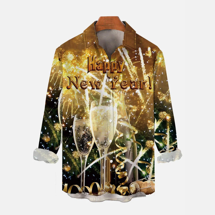 Happy New Year Fireworks Champagne Print Long Sleeve Shirt