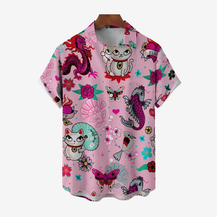 Men's Lucky Cat Koi Casual Short Sleeve Shirt 2402000088