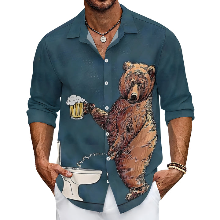 Fun Bear Beer Print Casual Long Sleeve Shirt