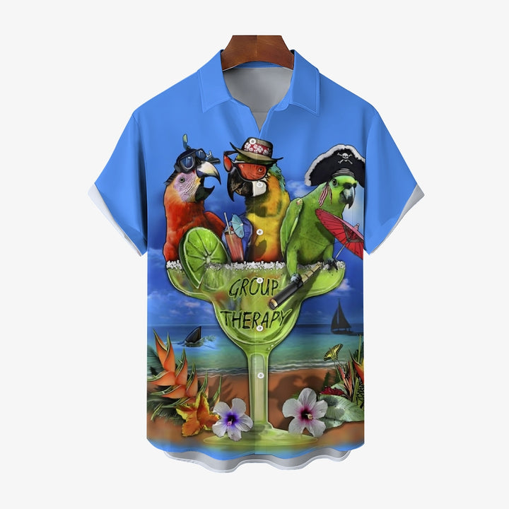 Hawaiian Parrot Cocktail Print Short Sleeve Shirt 2407005446