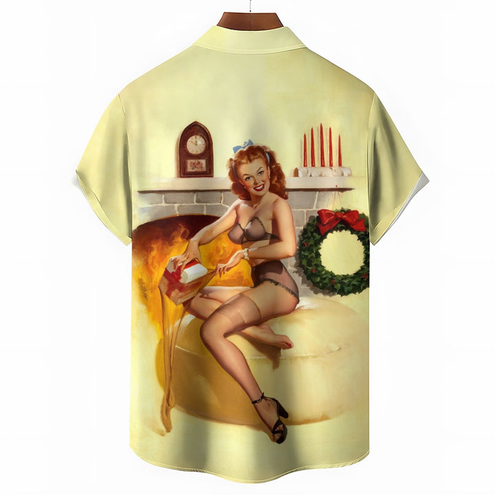 Retro Poster Christmas Gift Girl Print Casual Short Sleeve Shirt 2411008531