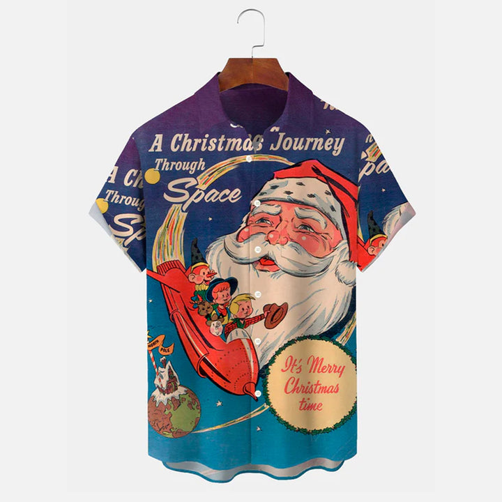 Christmas Retro Poster Print Men's Button Pocket Short Sleeve Shirt