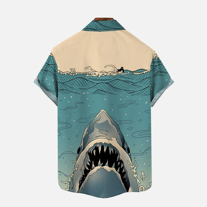 Ukiyo-e Shark Hawaiian Casual Oversized Short Sleeve Shirt