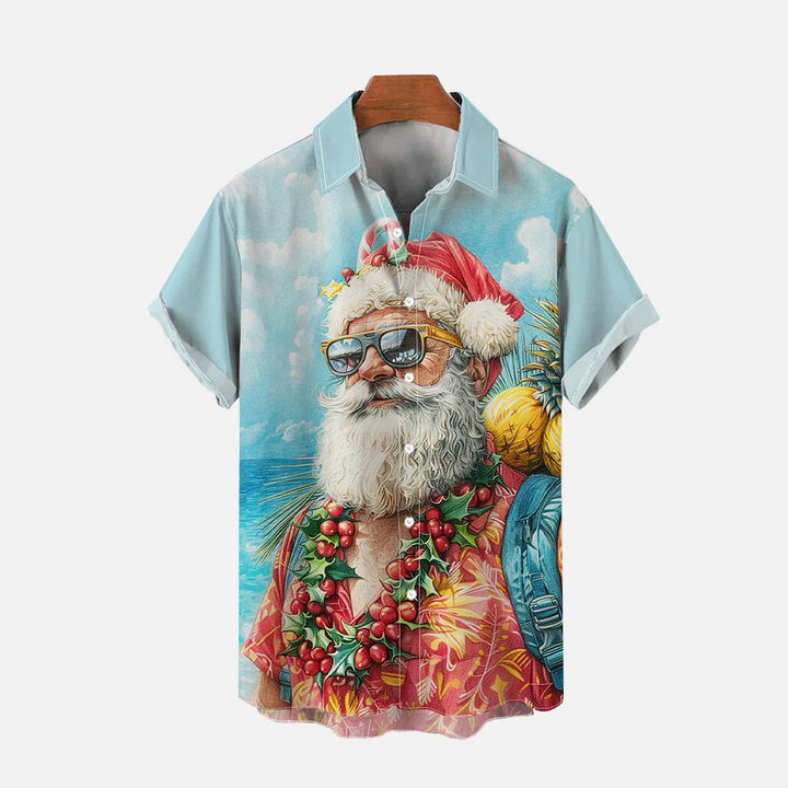 Vintage Hawaiian Santa Poster Printing Short Sleeve Shirt