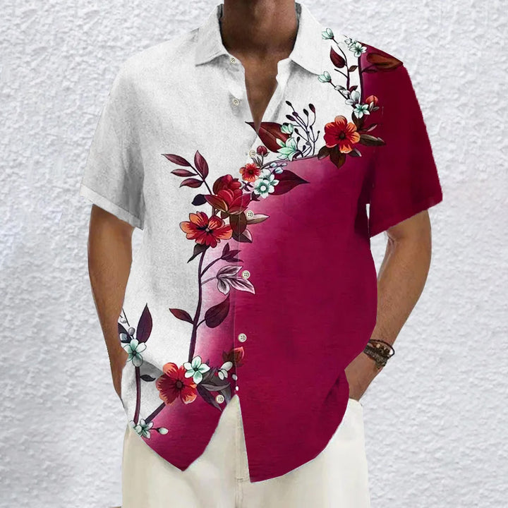 Large Slub Linen Short Sleeve Shirt with Floral Rose Gradient Print