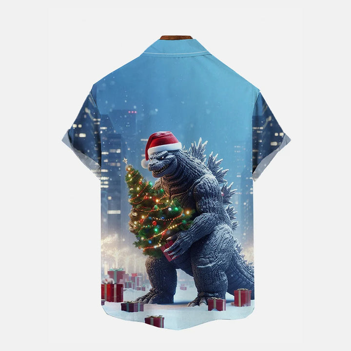 Fat Monster In Santa Hat Holding Christmas Tree Printing Short Sleeve Shirt