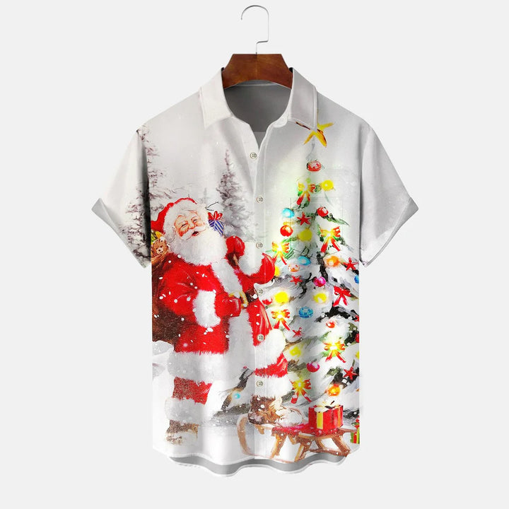 Christmas Christmas Tree Holiday Button Pocket Short Sleeve Shirt