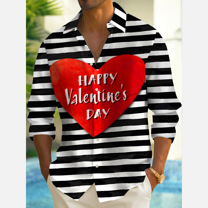 Valentine's Day Horizontal Striped Love Print Men's Button Pocket Long Sleeved Shirt