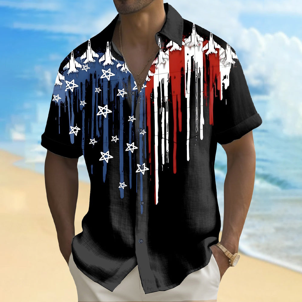 Airplane Flag Print Bamboo Hemp Large Size Short Sleeve Shirt