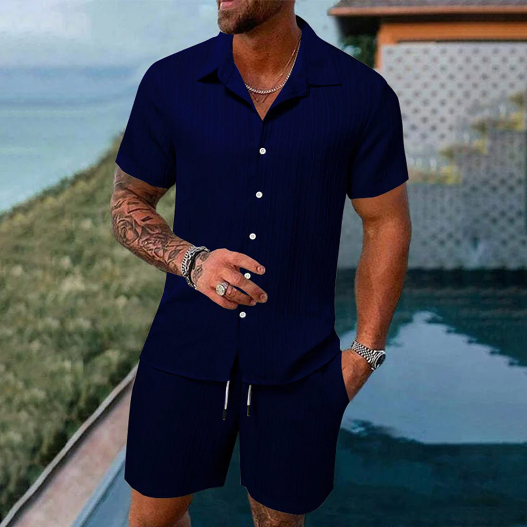 Men's Solid Color Textured Fabric Short-Sleeved Shirt Suit 240502863