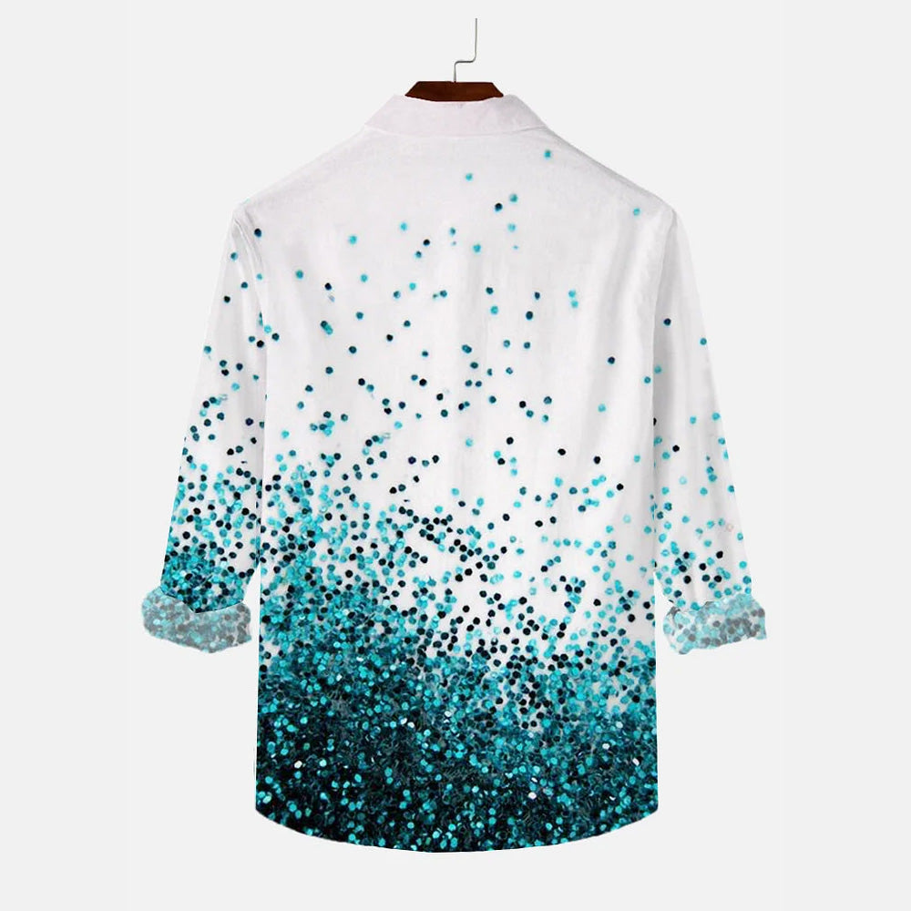 Retro Floral Blue Gradient Glitter Printing Long Sleeve Shirt