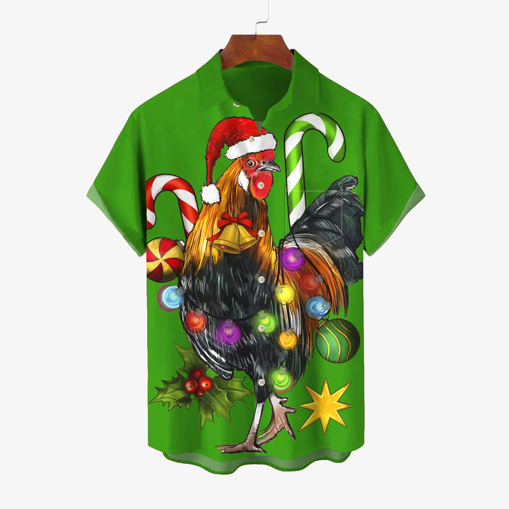 Christmas Rooster Colorful Lights Casual Short Sleeve Shirt