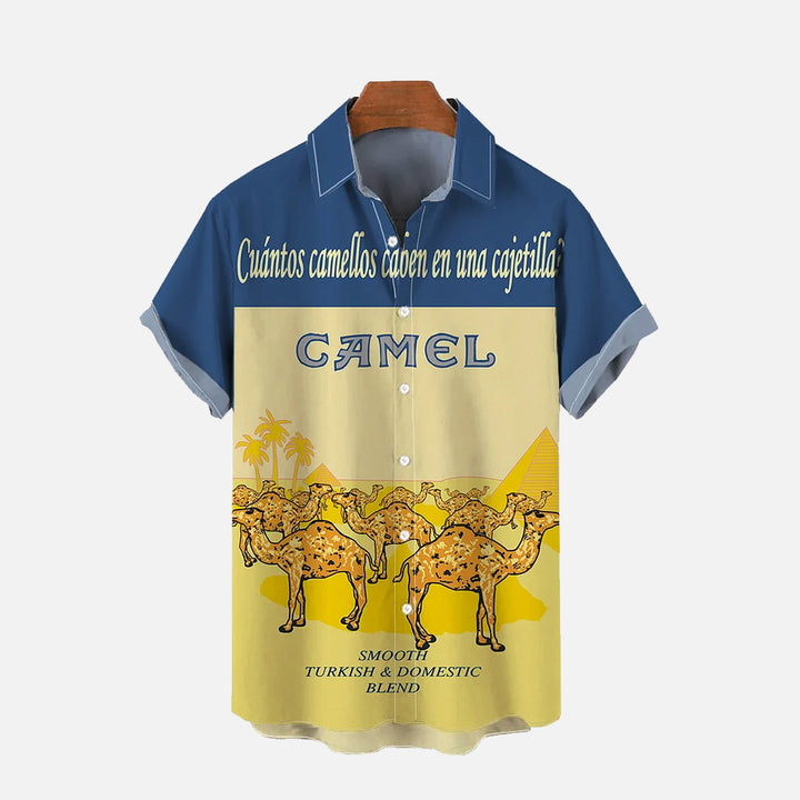 Navy And Yellow Stitching Camel Printing Short Sleeve Shirt