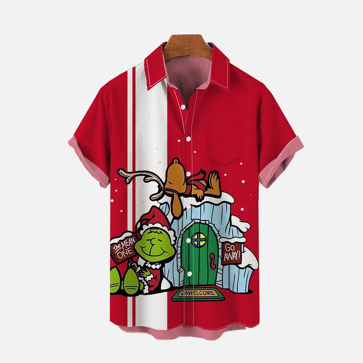 Retro Cartoon Christmas Cottage Print Chest Pocket Short Sleeve Shirt