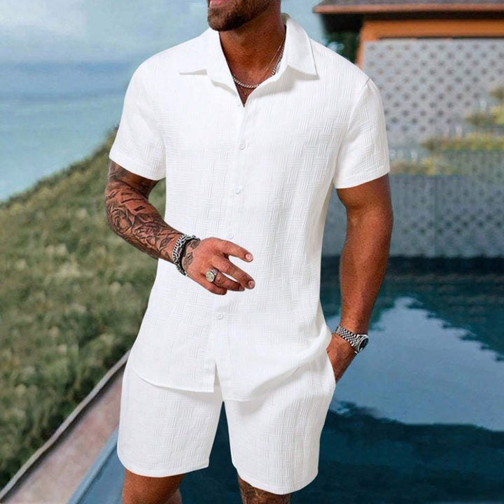 Men's Solid Color Textured Fabric Short-Sleeved Shirt Suit