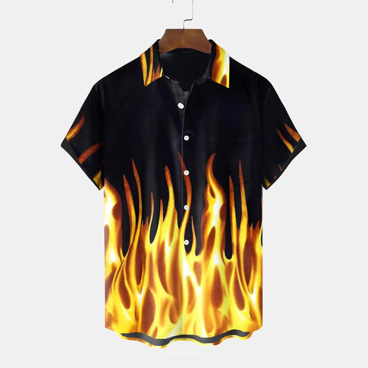 Retro Flame Print Casual Large Size Short Sleeve Shirt