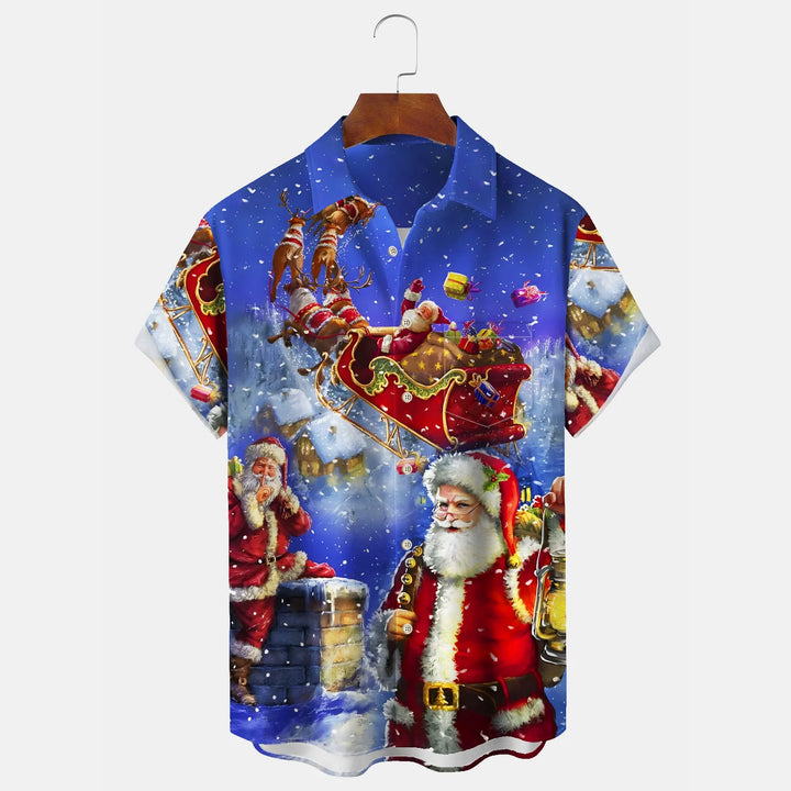 Christmas Santa Print Chest Pocket Hawaiian Shirt