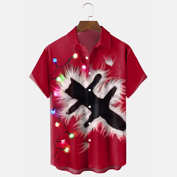 Christmas Cats Print Men's Holiday Chest Pocket Stretch Short Sleeve Shirt