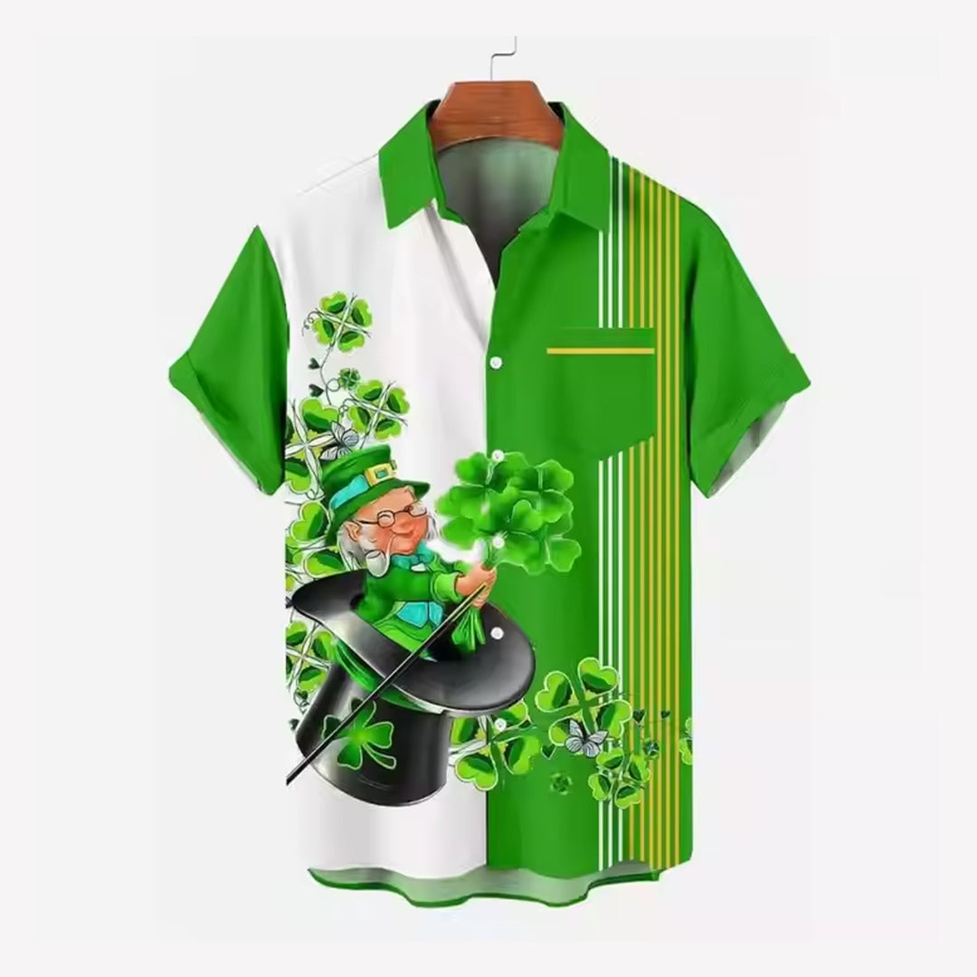 St. Patrick's Day Stripes Print Pocket Short Sleeve Shirt