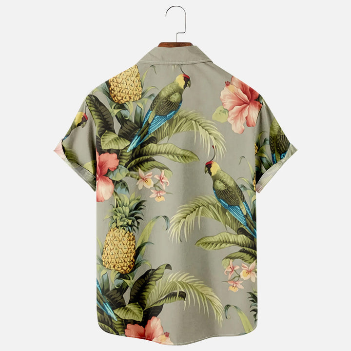 Mens Parrots Tropical Print Lapel Casual Loose Short Sleeve Hawaiian Shirt