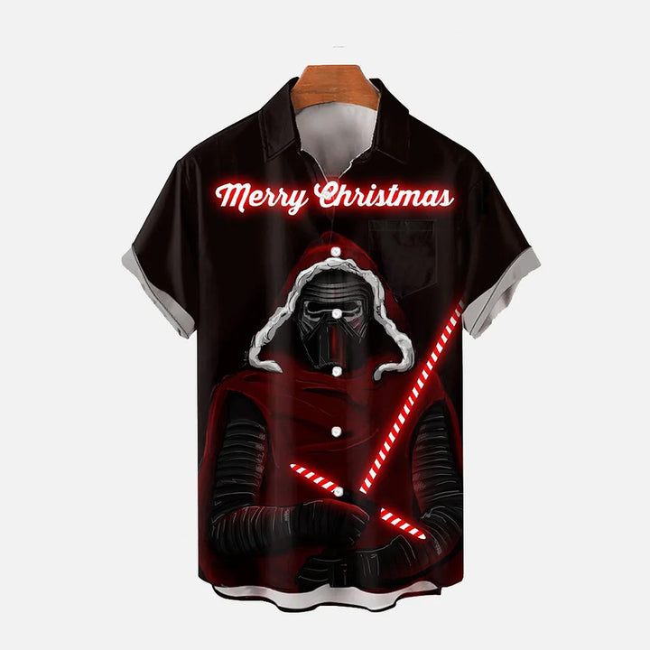 Merry Christmas Cartoon Space Warrior Santa Claus Print Short Sleeve Shirt