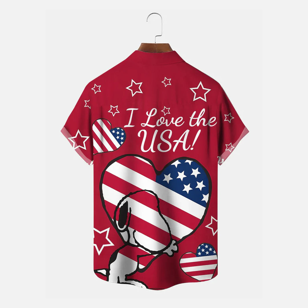 Flag Cartoon Love Button Pocket Casual Short Sleeve Shirt