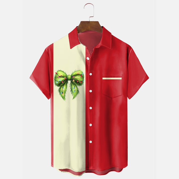 Christmas Bow-knot Print Men's Holiday Bowling Chest Pocket Stretch Short Sleeve Shirt