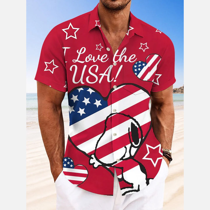 Flag Cartoon Love Button Pocket Casual Short Sleeve Shirt